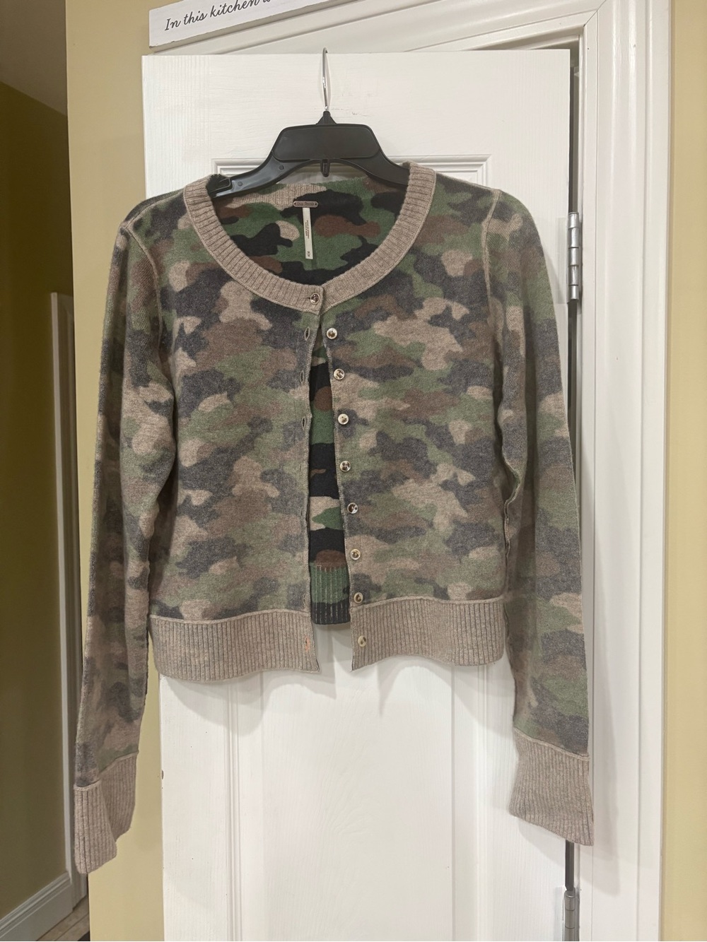 Free People Camo-Print Button Front Cardigan - Green/Tan/Gray